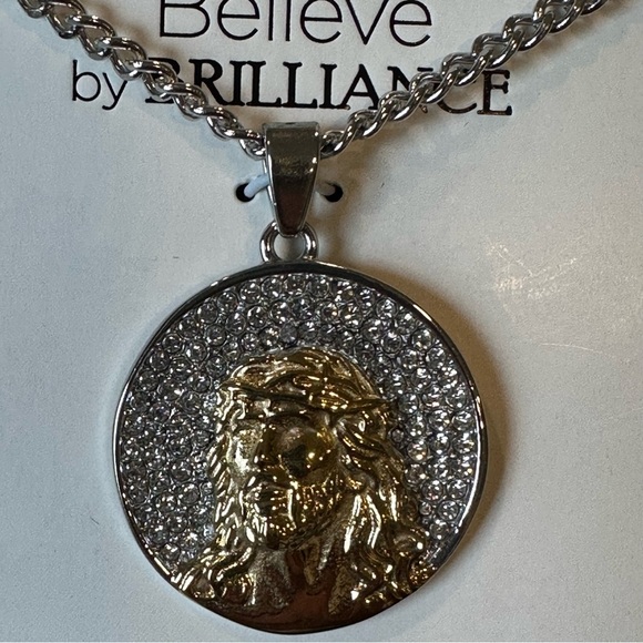 Men's Stainless Steel Crystal Religious Medallion Pendant 24”✨NWT✨ - Picture 6 of 7